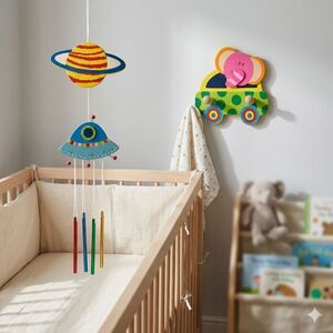 Wooden Nursery Decorations Set of 2 Elephant Wall Hooks Space UFO Wind Chime Toy